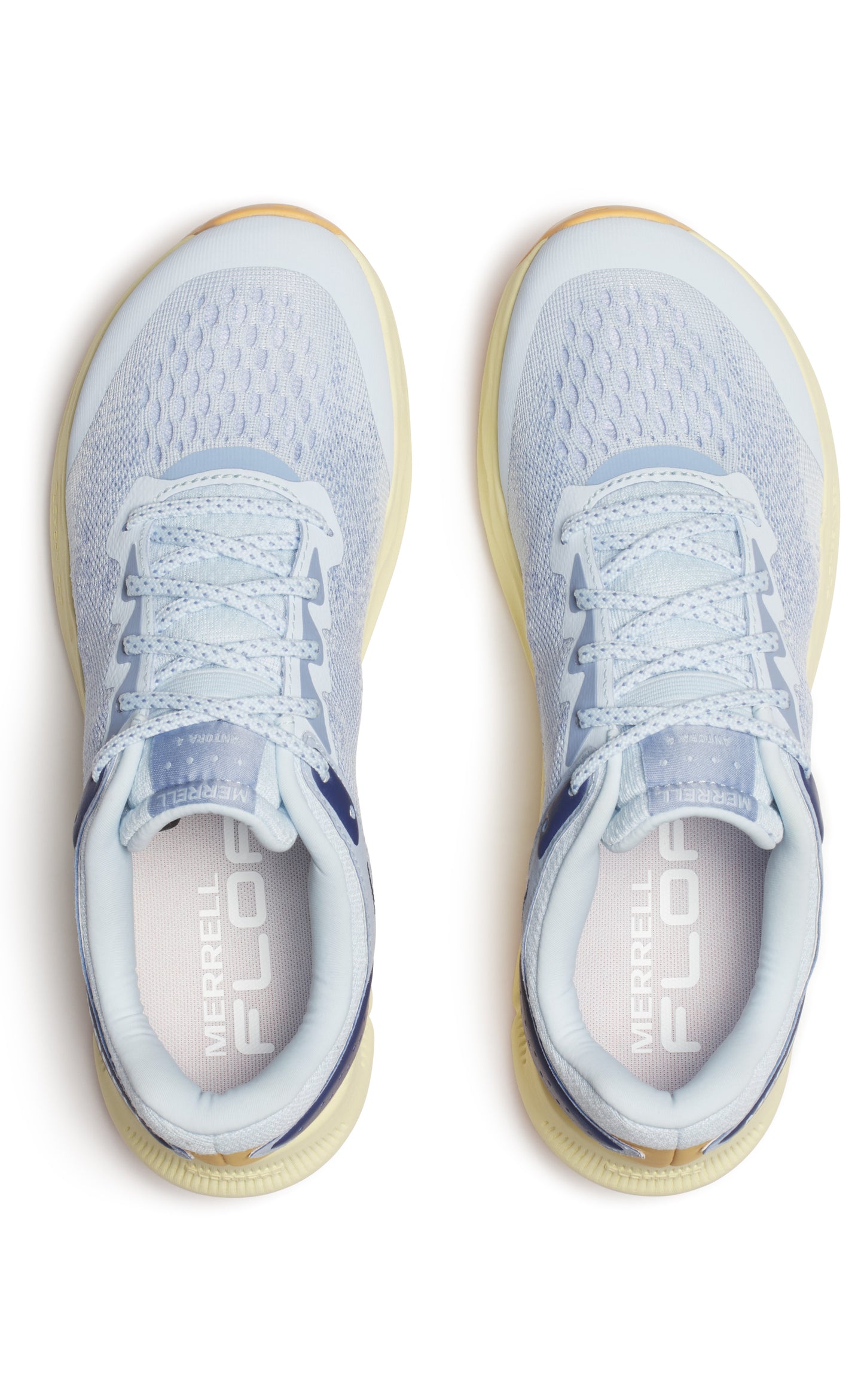 A pair of light blue running shoes, top view. Visible text: MERRELL FLIOAT.