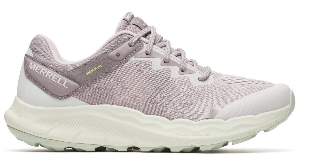 Lavender sneaker with white sole and heel. The word "MERRELL" is visible on the heel.