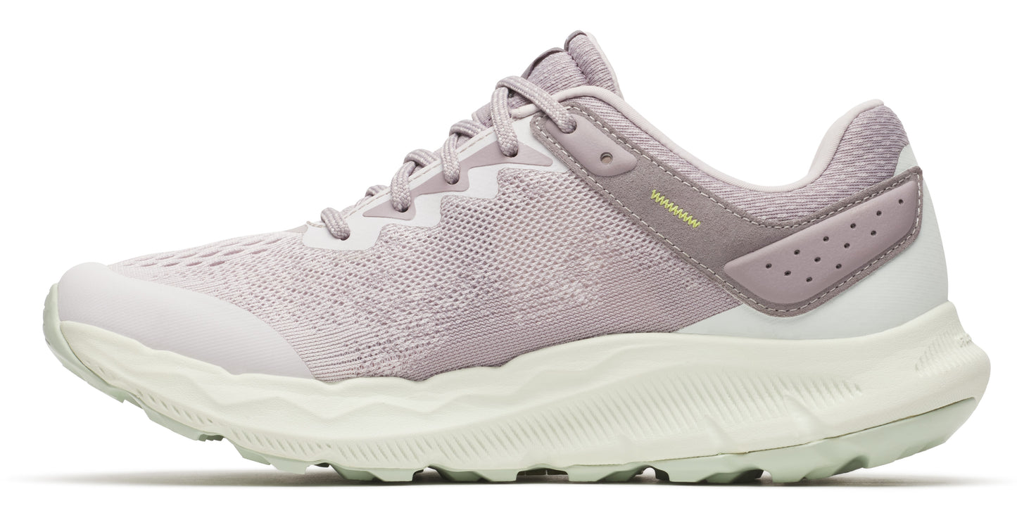 Side view of a women's running shoe featuring a mesh upper in a light mauve color, with a white midsole and outsole.