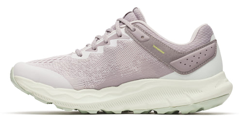 Side view of a women's running shoe featuring a mesh upper in a light mauve color, with a white midsole and outsole.