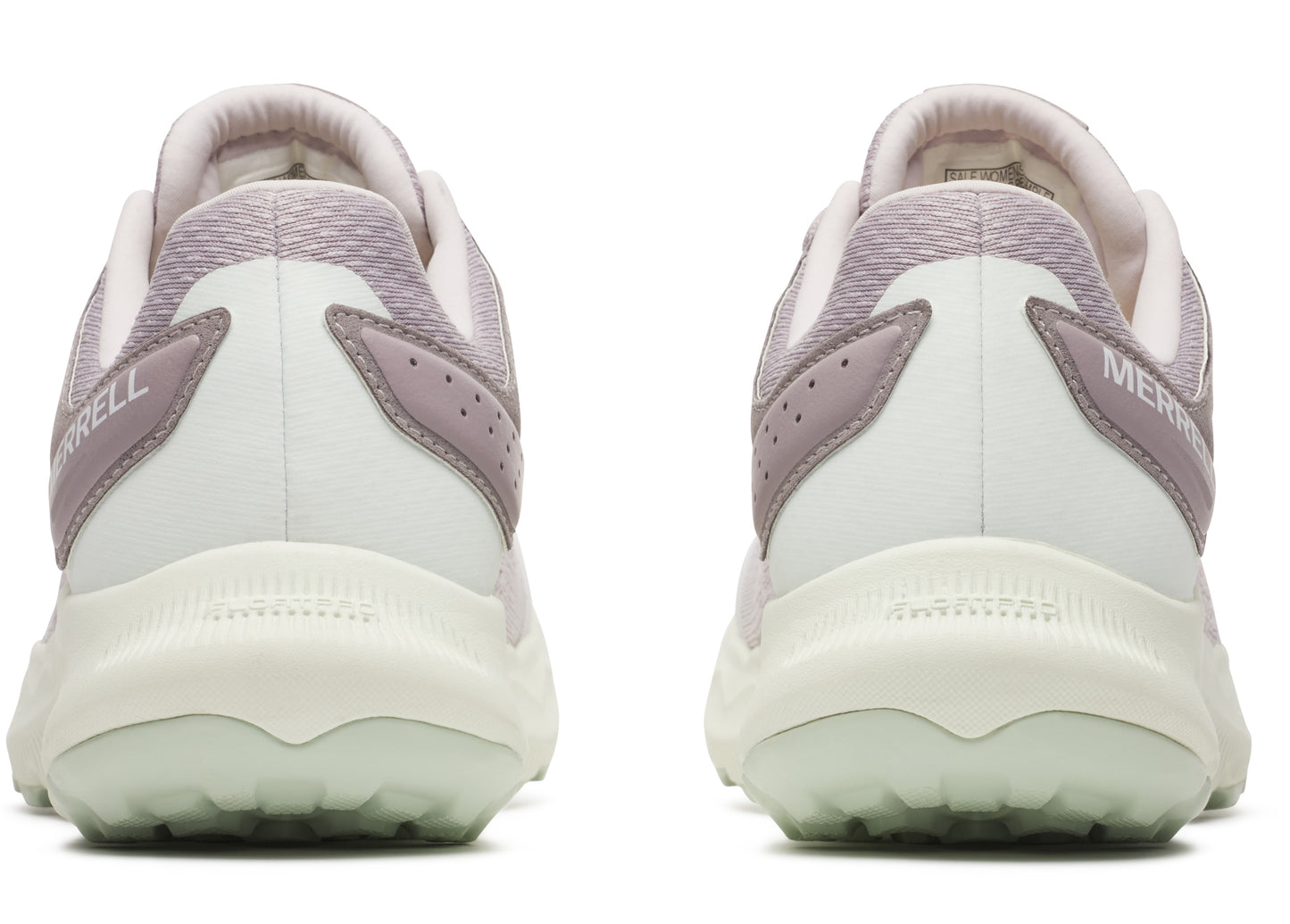 Back view of two athletic shoes, featuring white heels, pale green soles, and a band with 'MERRELL' text.