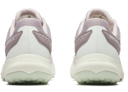 Back view of two athletic shoes, featuring white heels, pale green soles, and a band with 'MERRELL' text.