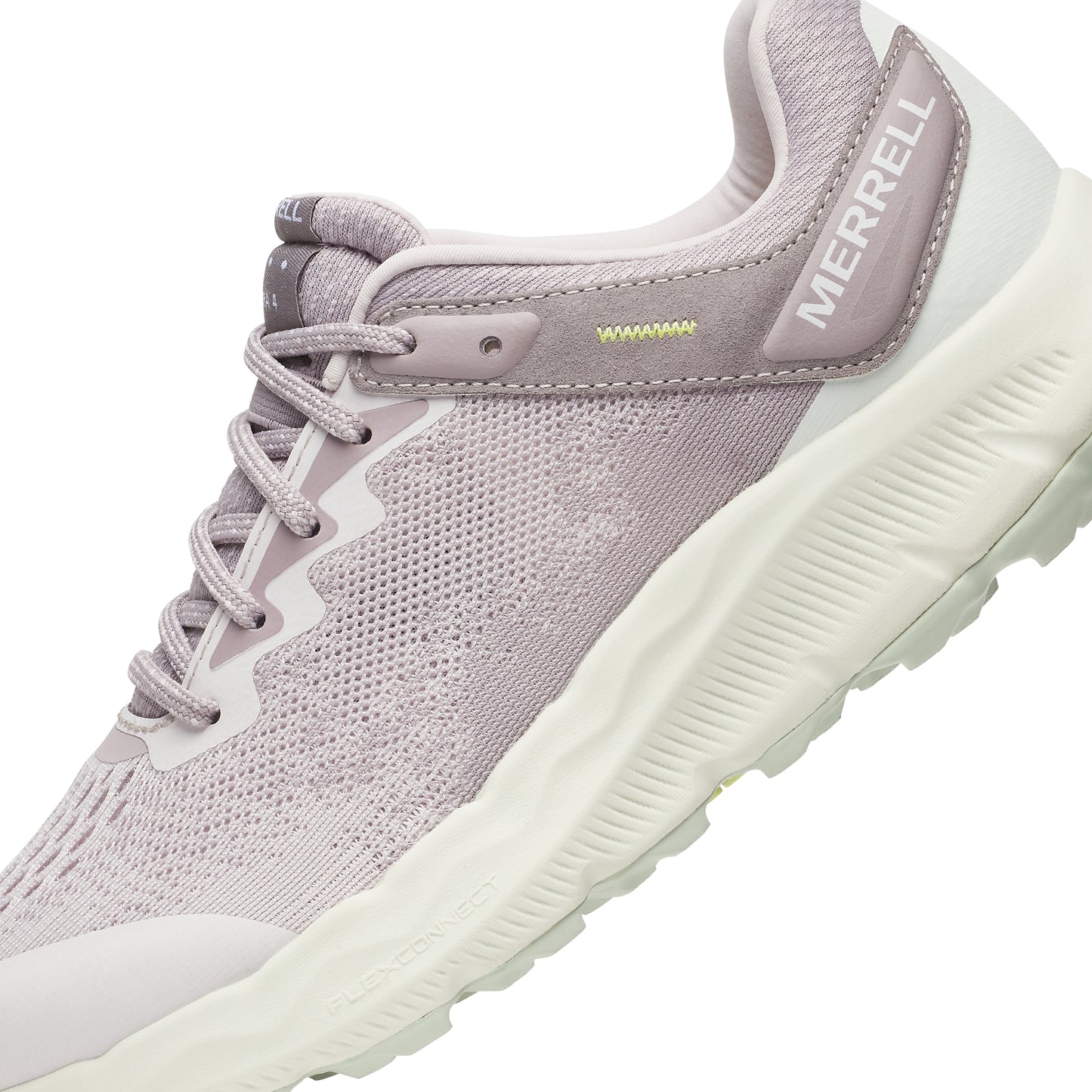 Lavender-colored running shoe with white sole and 'MERRELL' text on the side.