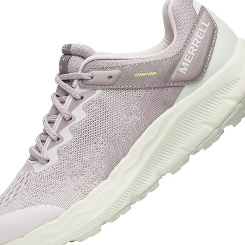 Lavender-colored running shoe with white sole and 'MERRELL' text on the side.