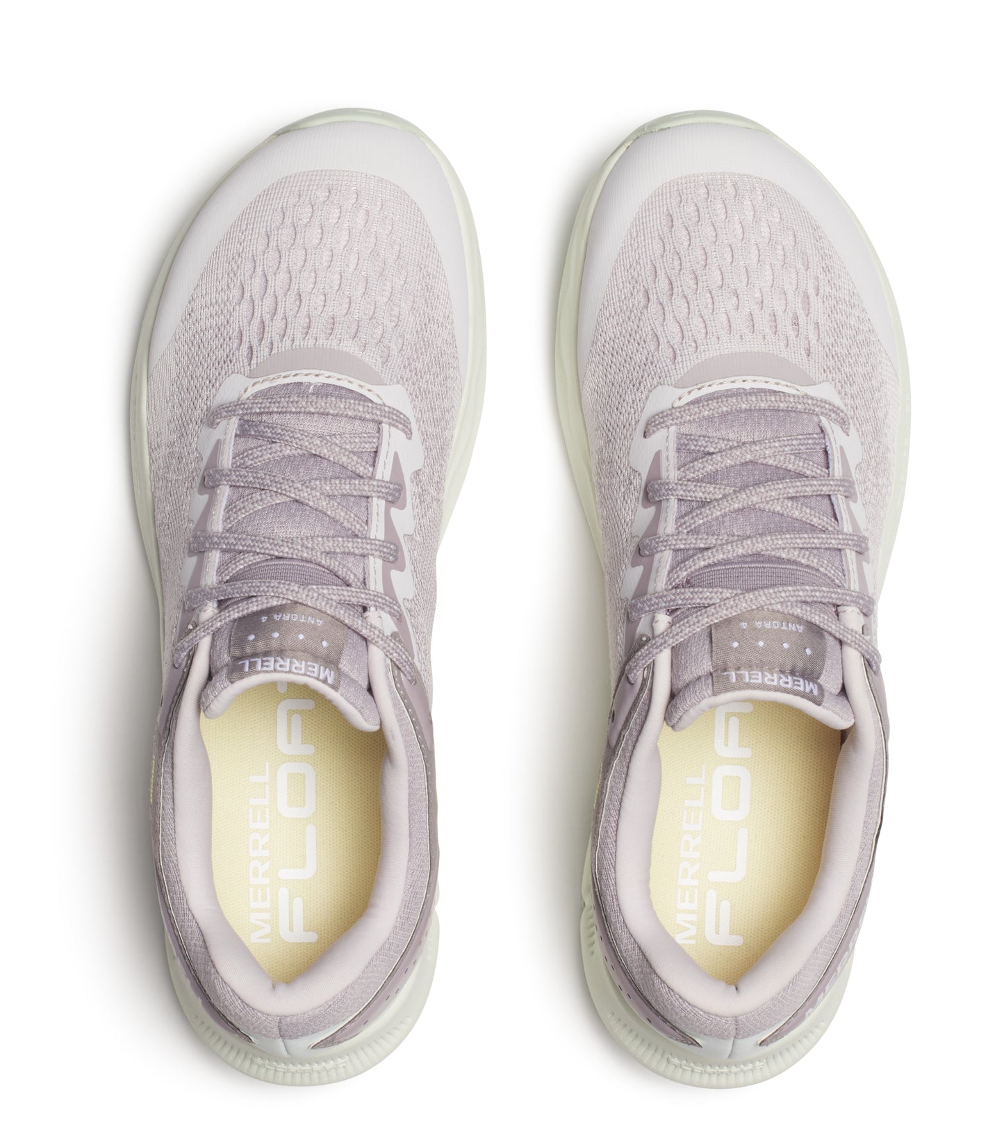 Overhead view of lilac and gray women's running shoes; 'MERRELL FLORA LITE' is visible on the insole.