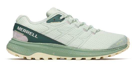 A light green running shoe with the word MERRELL on the side.