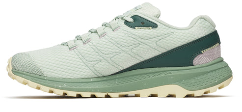 Athletic shoe in light green with dark green heel.