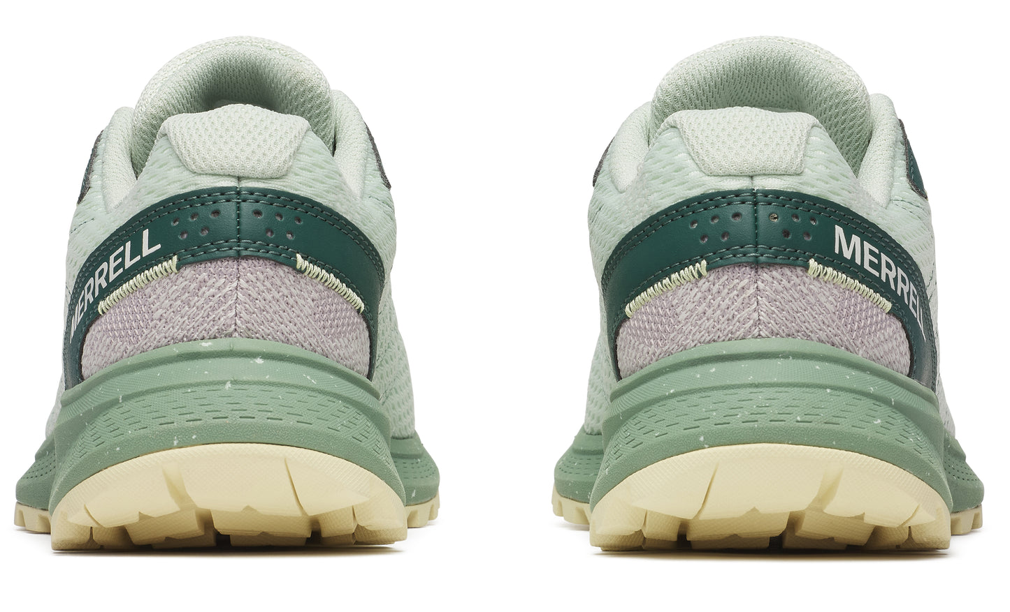 A pair of light-green shoes with dark green and gray accents, seen from the rear, featuring the word 'MERRELL' on the back of each shoe.
