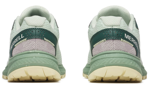 A pair of light-green shoes with dark green and gray accents, seen from the rear, featuring the word 'MERRELL' on the back of each shoe.