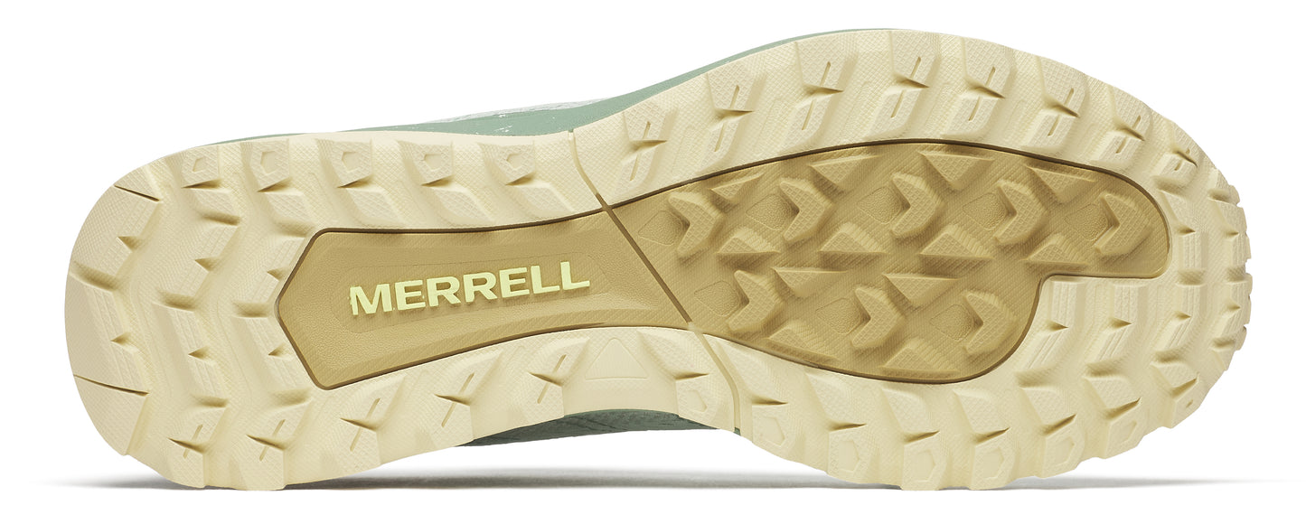 The sole of a shoe with geometric treads and the word MERRELL in block letters.