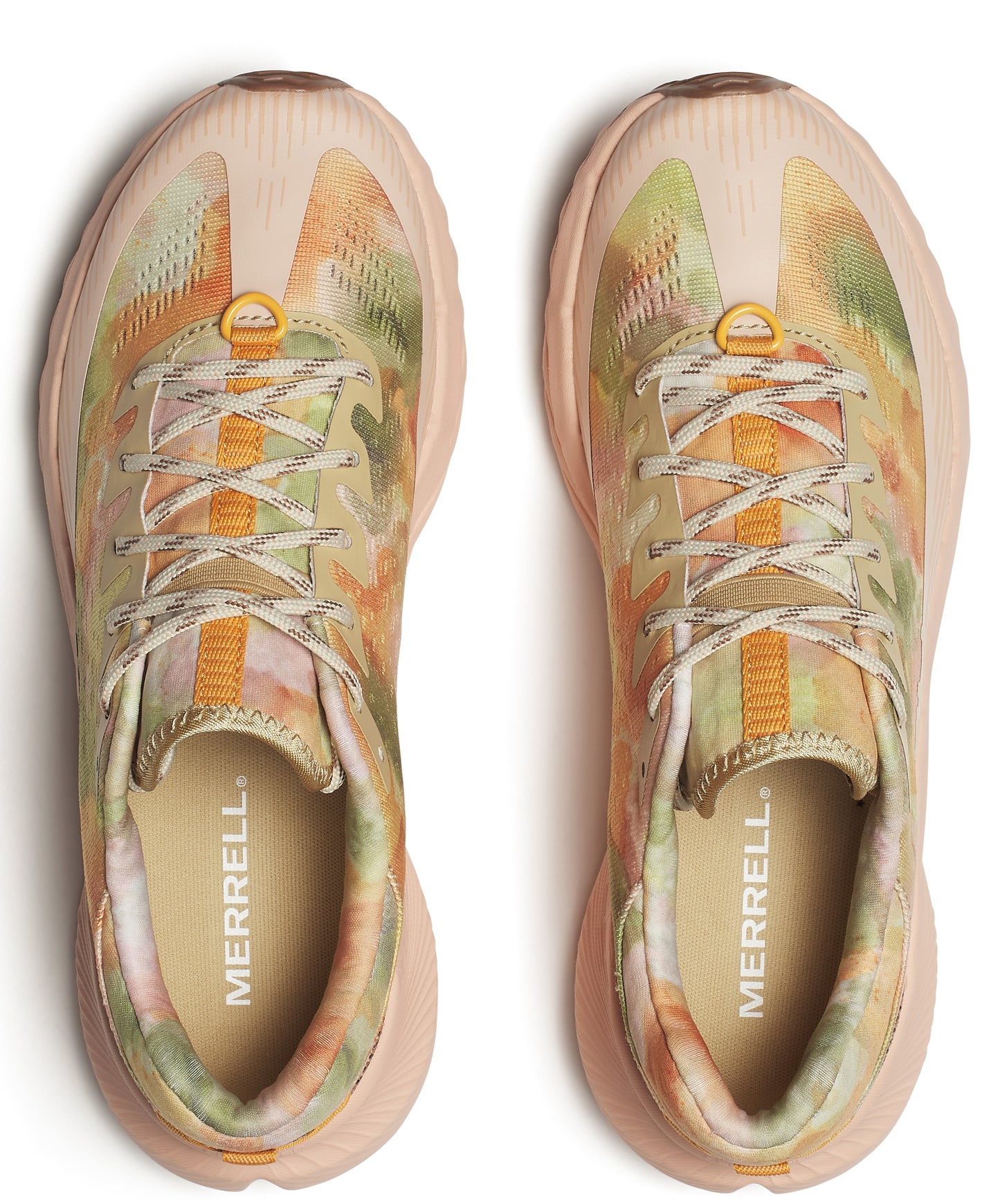 Two running shoes showing uppers with a tie dye pattern, patterned laces, and the word "MERRELL" on the insole.