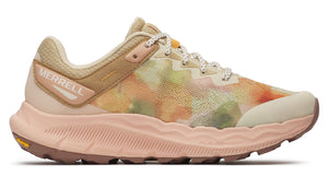 Running shoe with a beige sole and colorful, patterned side panels; the brand, MERRELL, is printed near the heel.