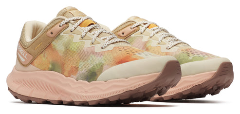 Pair of low-rise beige running shoes with patterned accents and lug soles.