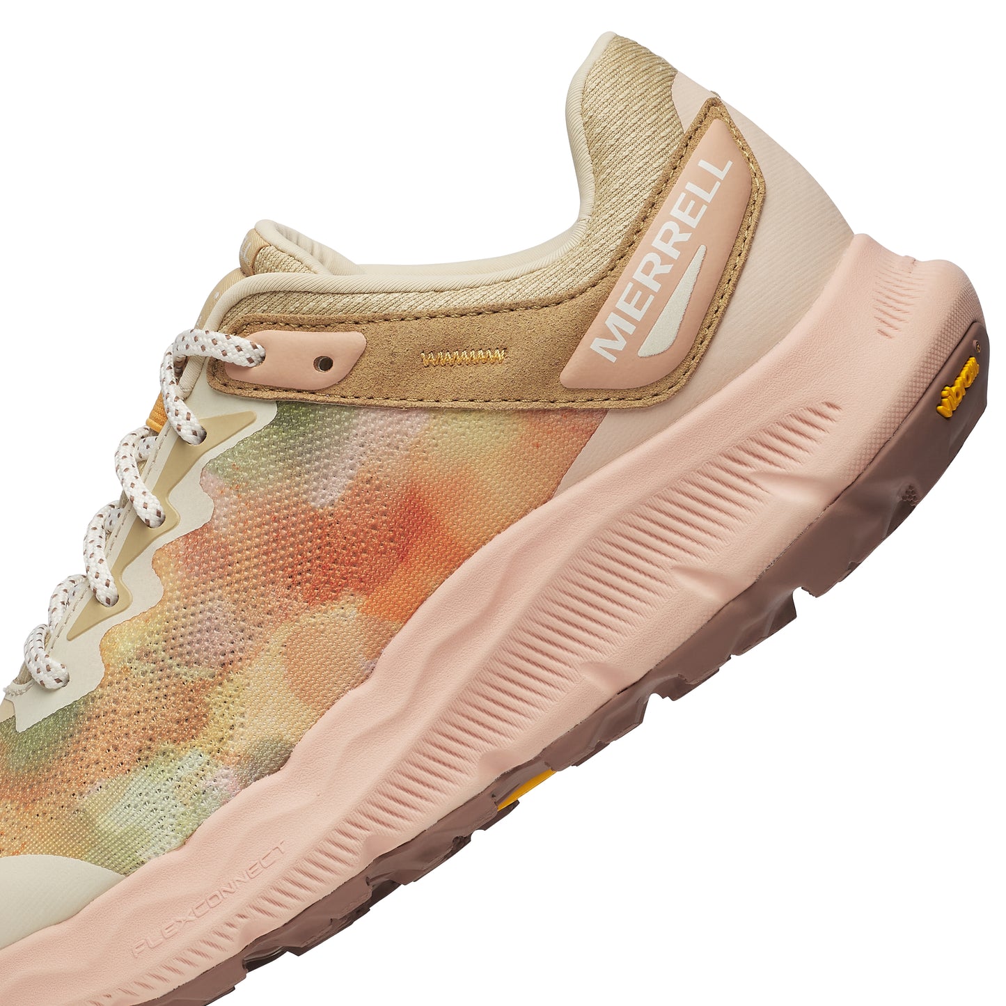 Angled side view of a cream and light orange colored athletic shoe with "MERRELL" and a white logo on the side, white laces, and brown sole.