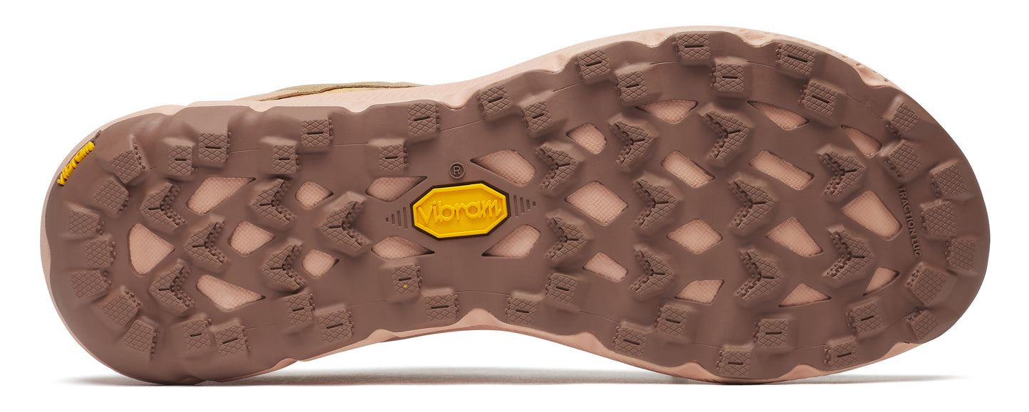 A close-up of a shoe sole with a brown, textured pattern and a yellow logo.