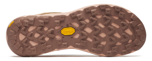 A close-up of a shoe sole with a brown, textured pattern and a yellow logo.