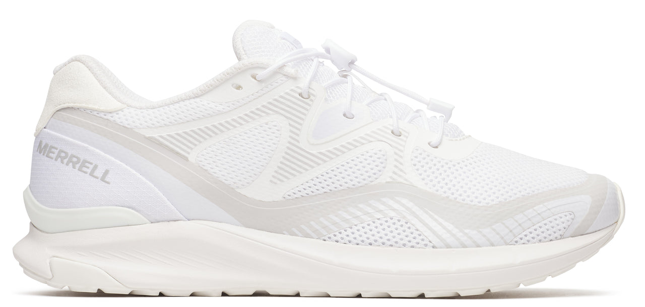 A white athletic shoe with the word MERRELL on the heel.