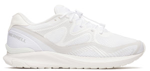 A white athletic shoe with the word MERRELL on the heel.