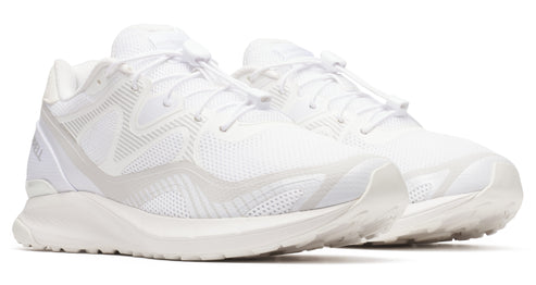 Pair of running shoes with white mesh upper and off-white soles.