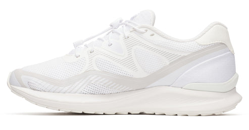 White athletic shoe with mesh upper and white laces.