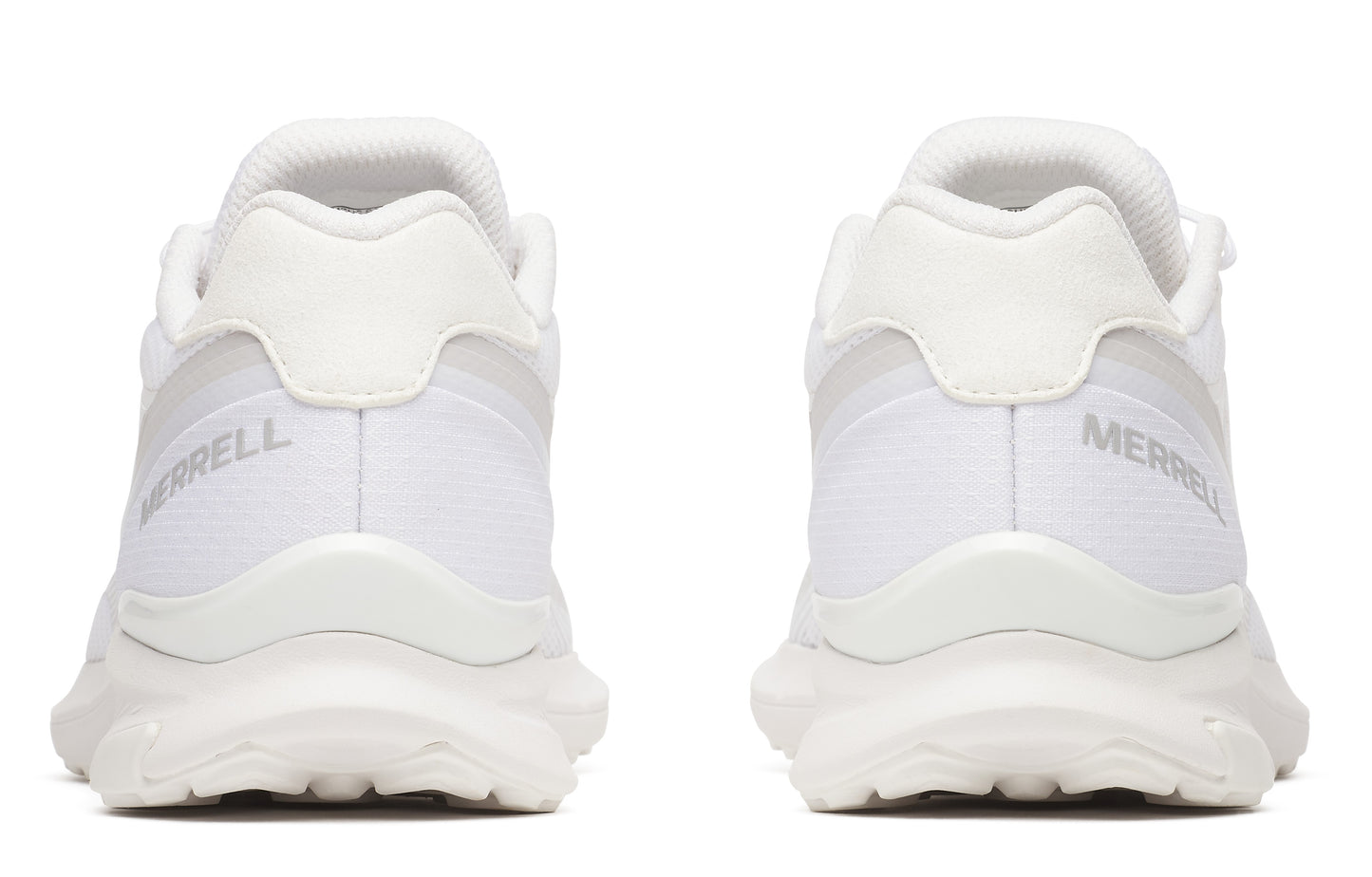 Rear view of matching white athletic shoes, 'MERRELL' label on side.