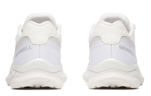 Rear view of matching white athletic shoes, 'MERRELL' label on side.