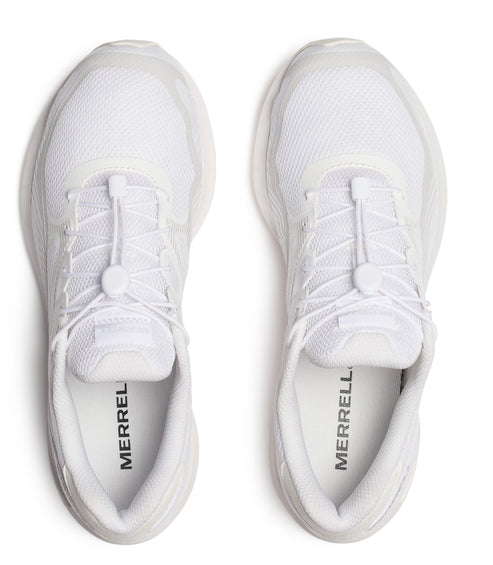 Top-down view of two identical, all-white athletic shoes, with a lace-lock closure and the text "MERRELL" visible on the inner sole.