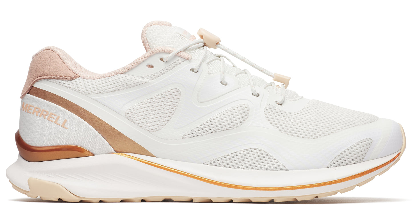 White athletic shoe with mesh upper, elastic laces, and gold accents.