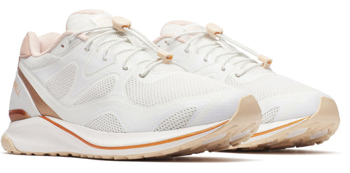 Pair of white running shoes with peach accents, featuring a breathable mesh upper and a unique lacing system.