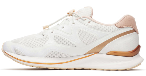 A white sneaker with beige trim and lace closures.