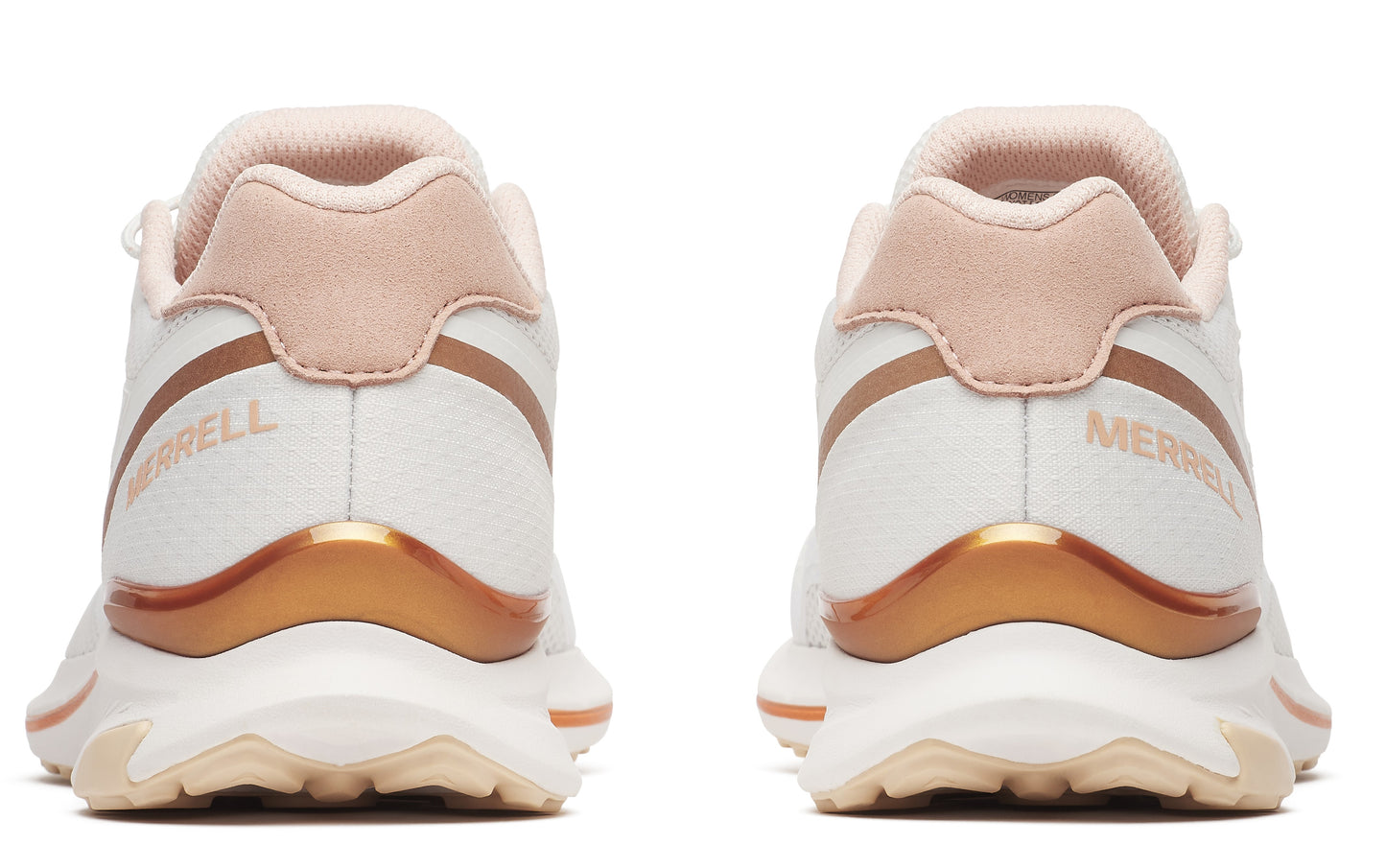 The backs of two identical white sneakers with metallic copper-colored detailing and the word 'MERRELL' printed on their sides.