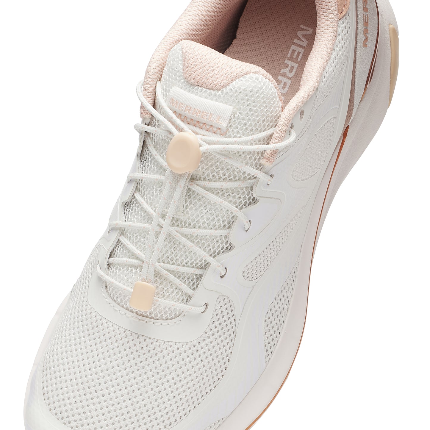 White athletic shoe with peach-colored accents and bungee laces.