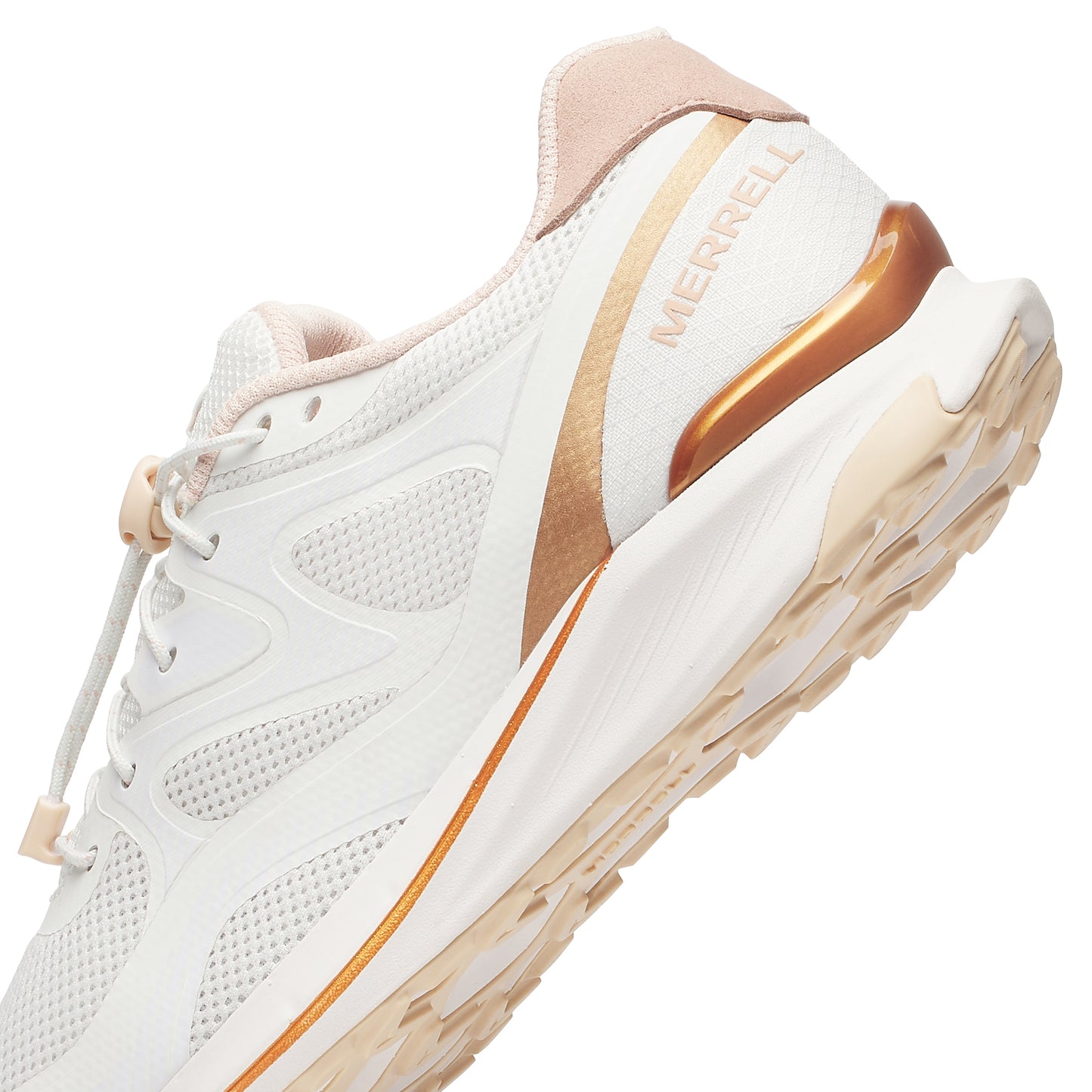 A white athletic shoe with gold accents, including the word "MERRELL" on the side.