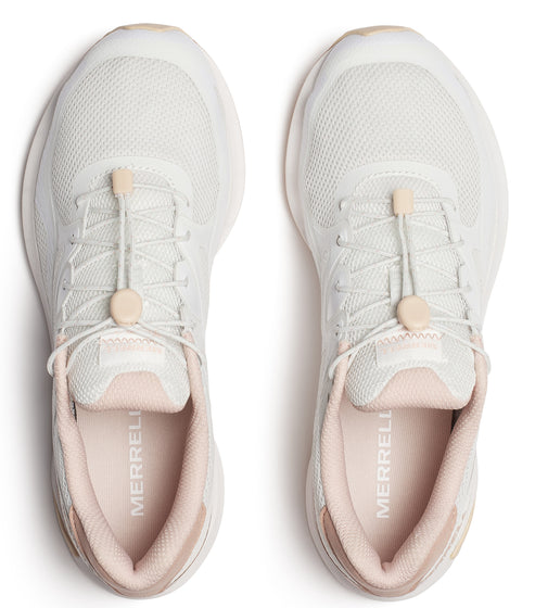 Pair of off-white athletic shoes with elastic laces and light pink interior.