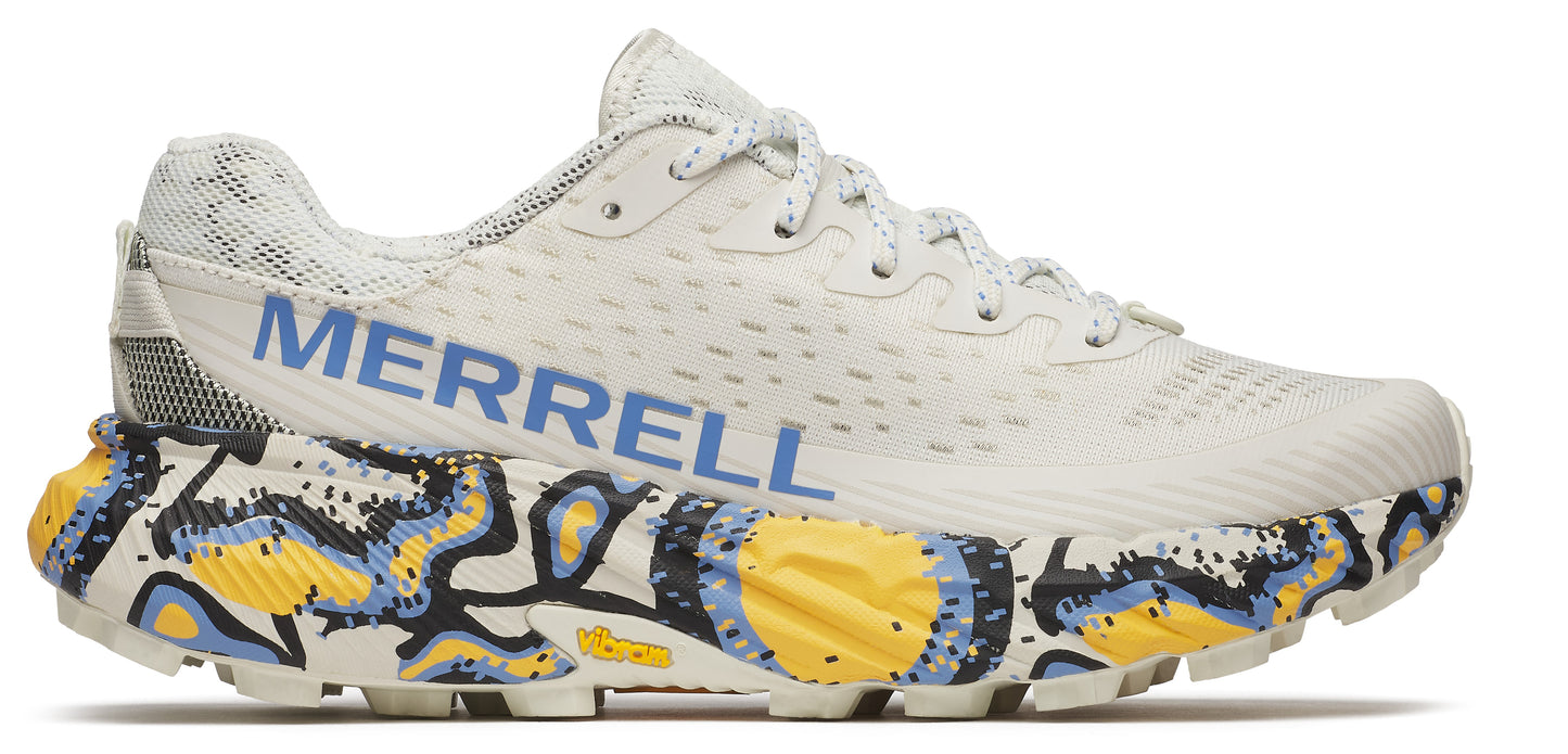 A light-colored running shoe with a patterned sole and blue "MERRELL" lettering.