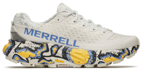 A light-colored running shoe with a patterned sole and blue "MERRELL" lettering.