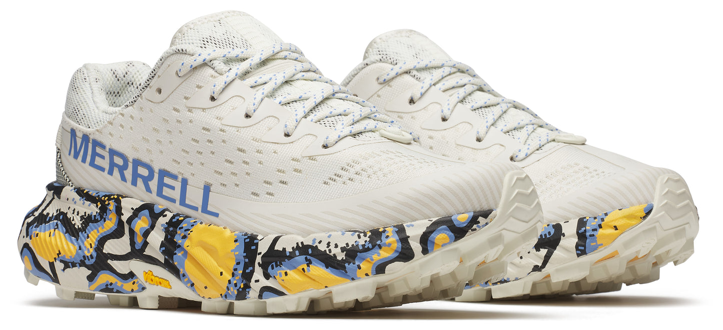 Off-white running shoes with blue Merrell logo and multicolored patterned midsole.