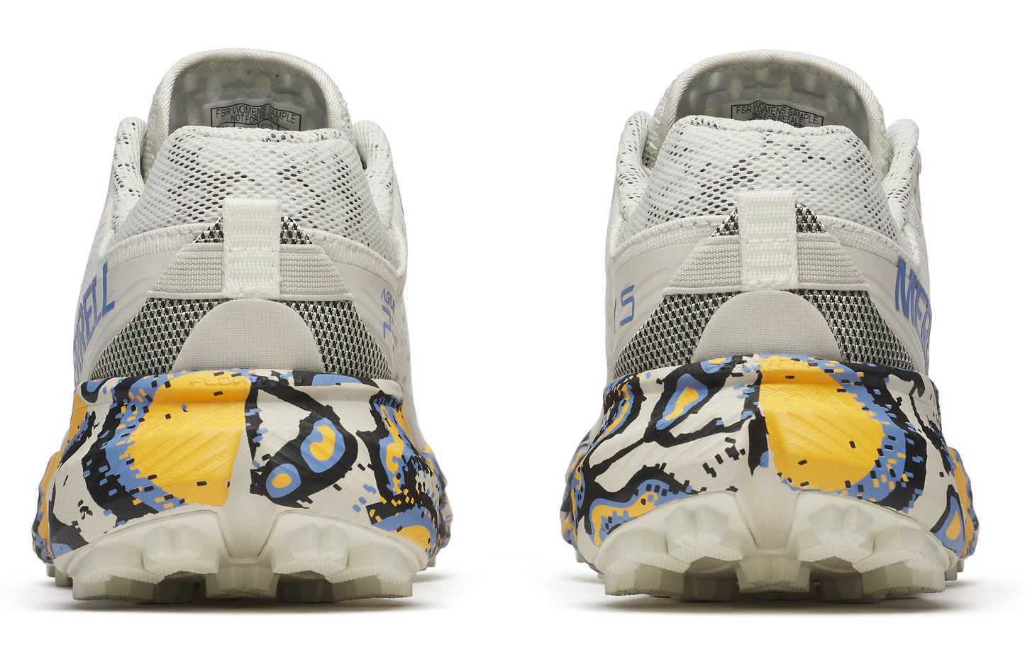 Back view of trail running shoes with white mesh upper, blue and yellow patterned midsole, and lugged white outsole.