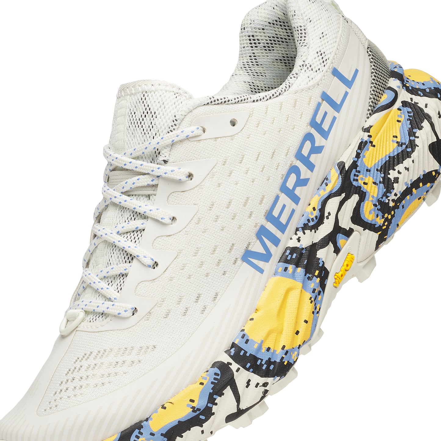 An off-white athletic shoe with "MERRELL" in blue on the side and laces.