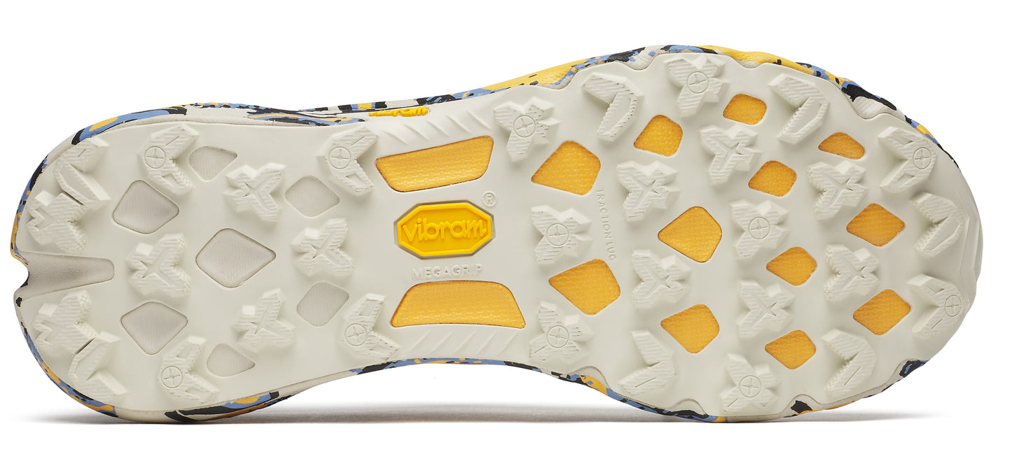 The sole of a shoe with a Vibram logo, showing a white and yellow tread pattern.