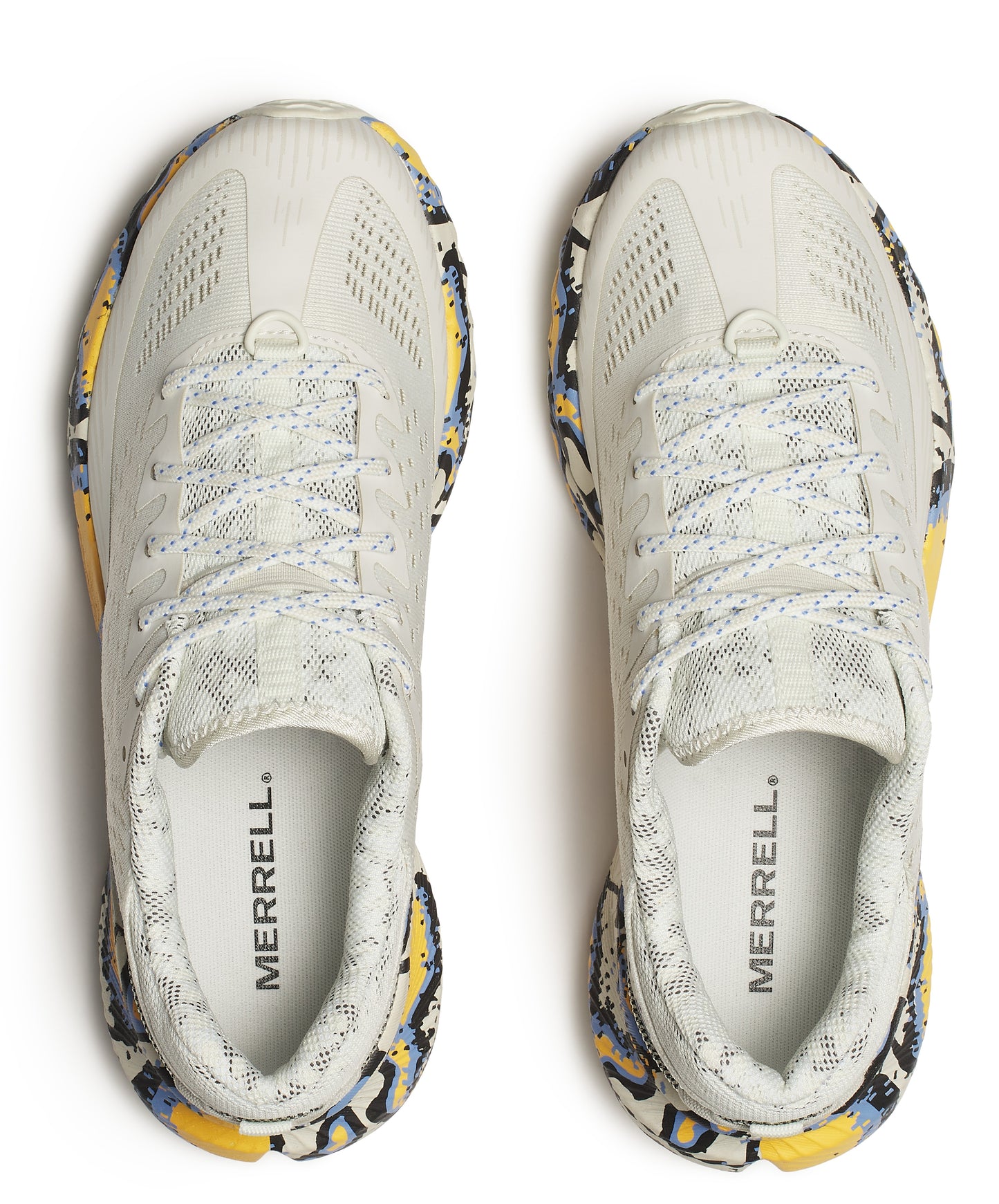 Top-down view of a pair of athletic shoes with white uppers, patterned laces, and midsoles with a colorful splattered design. The insoles are marked with "MERRELL."