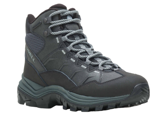 Black hiking boot with gray laces and high ankle support.