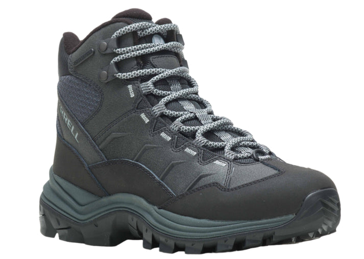 Black hiking boot with gray laces and high ankle support.