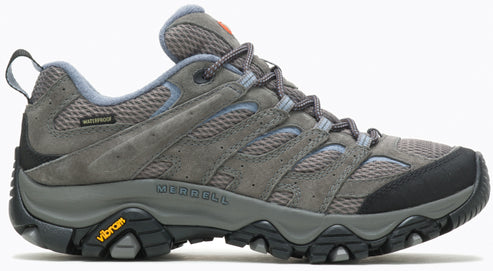 A gray waterproof hiking shoe with a breathable mesh and suede upper, a black protective toe cap, a padded collar, lace-up closure, and a rugged Vibram rubber outsole with multidirectional lugs.
