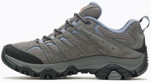 A gray and light blue hiking shoe viewed from the side, featuring a mesh and suede upper, a black rubber toe cap, a sturdy dark gray midsole, and a rugged black outsole with a pull tab on the heel.