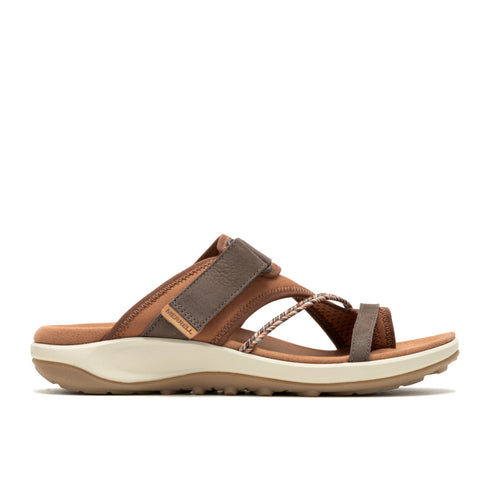 A brown strappy sandal with a toe loop, tan midsole, and textured brown outsole.