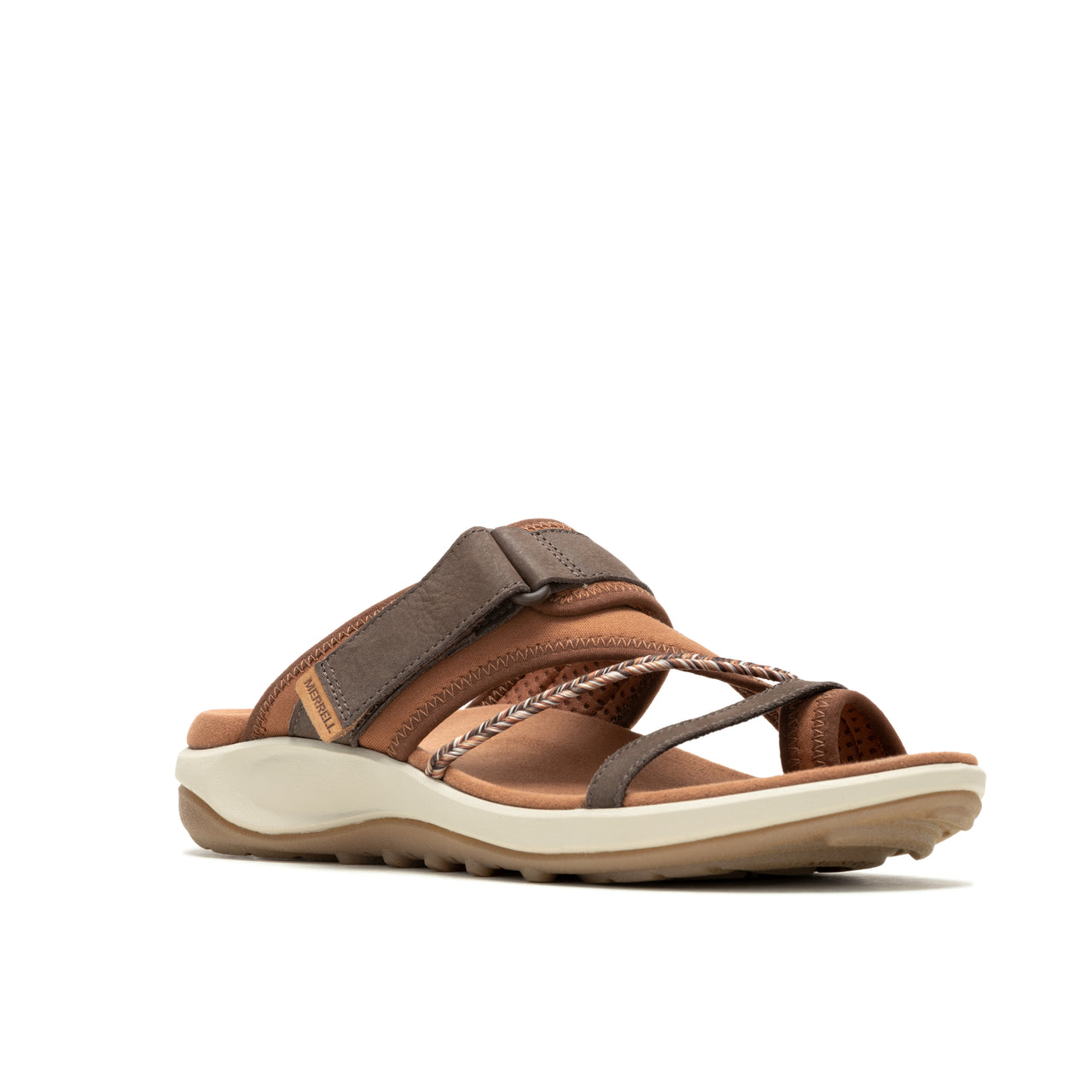 A brown leather sandal with braid details.