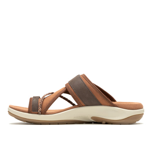 Tan sandal with brown straps and braided detail.