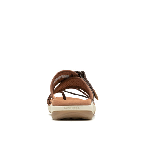 Front view of brown sandals with multiple straps.