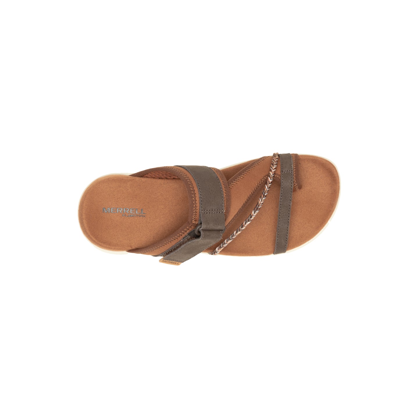 Top-down view of a sandal with brown straps and sole.